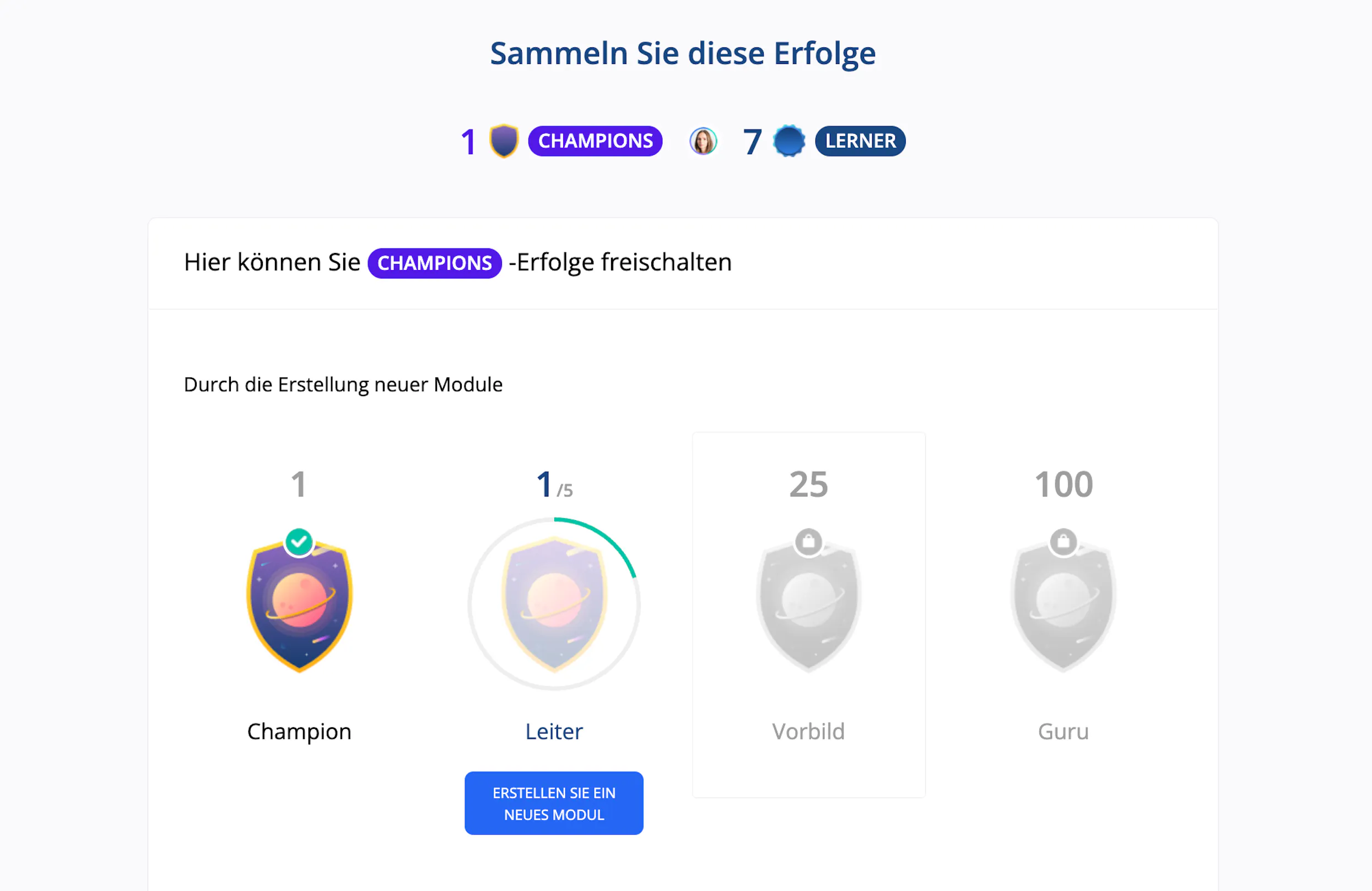Beispiel: 360Learning verfügt über integrierte Gamification-Elemente, wie z. B. Leistungsabzeichen, um die Lernenden zu motivieren.