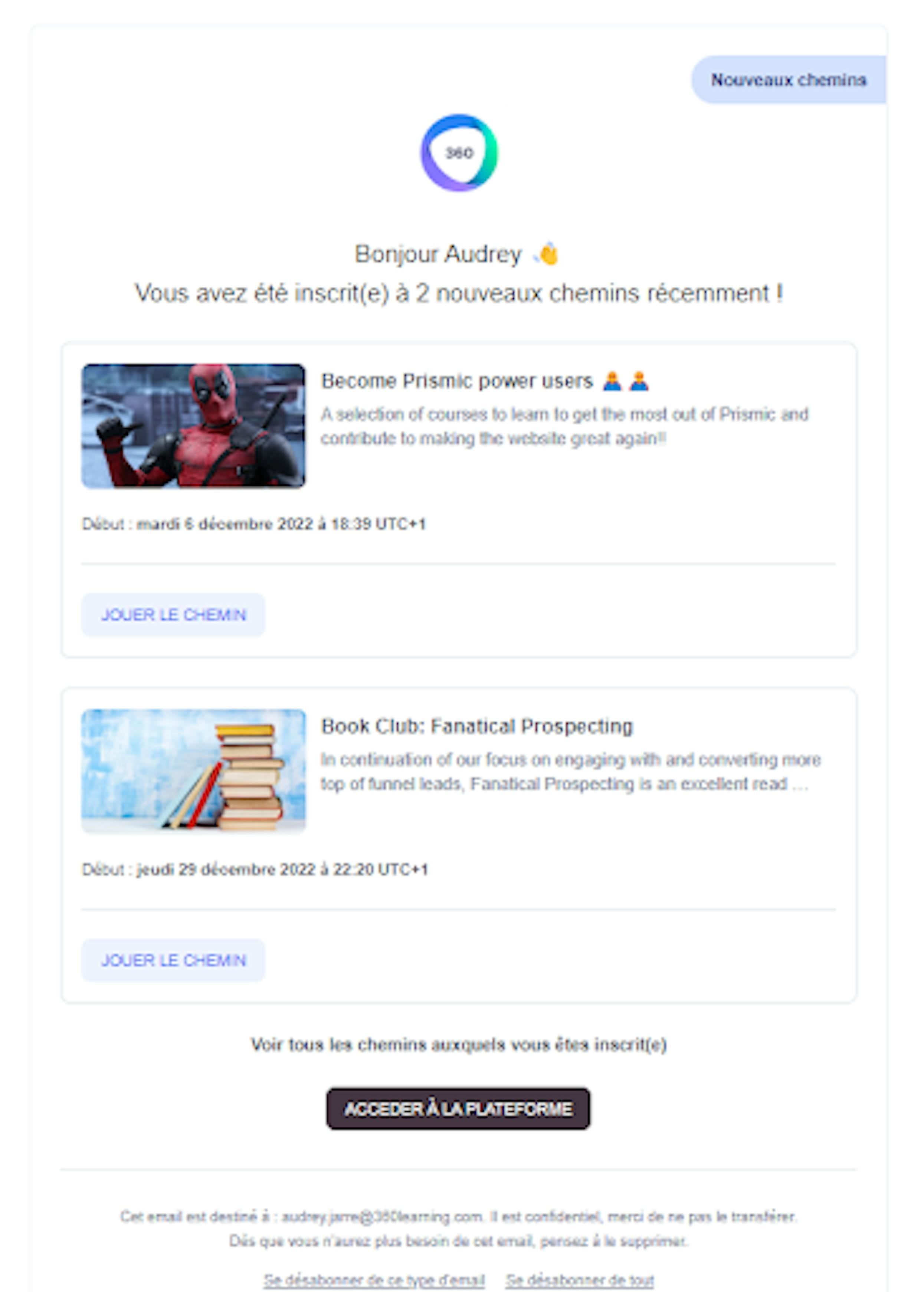 Emails d'invitation aux chemins regroupés 360Learning