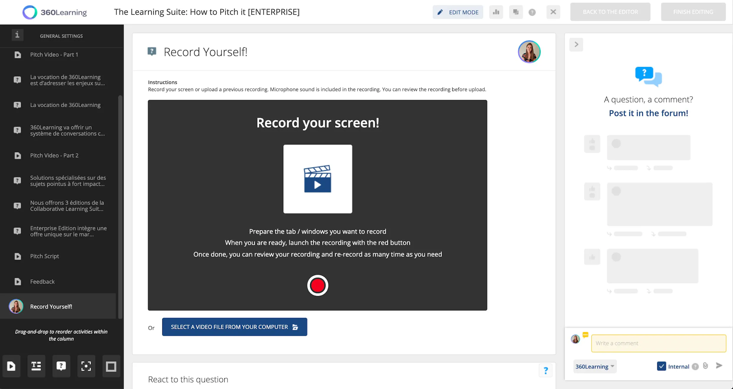 online learning platform with interactions and video pitch assessment