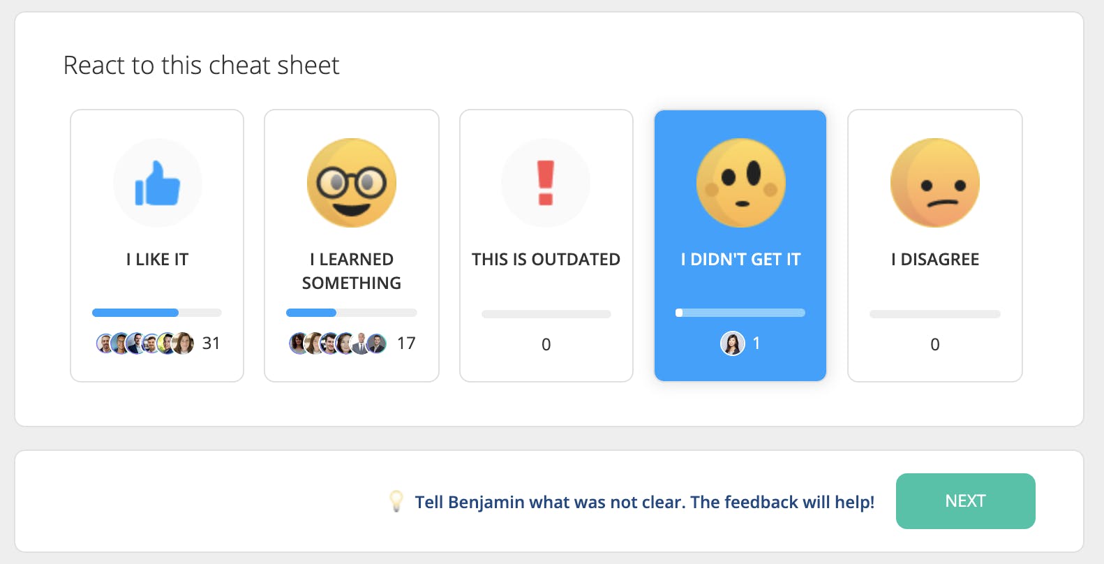 instant feedback buttons on 360Learning platform