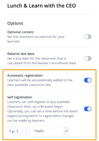 360Learning self-registration vs automatic registration