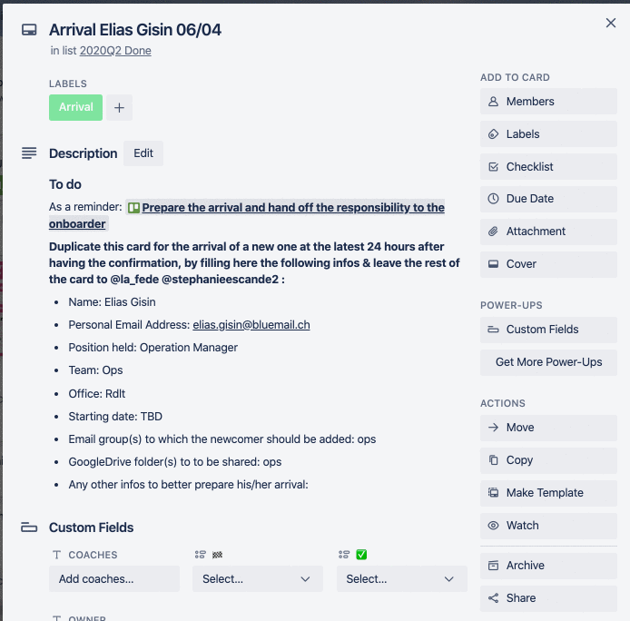 preboarding example Trello