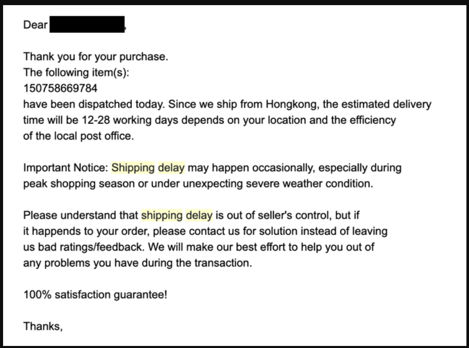 customer service response example shipping delay