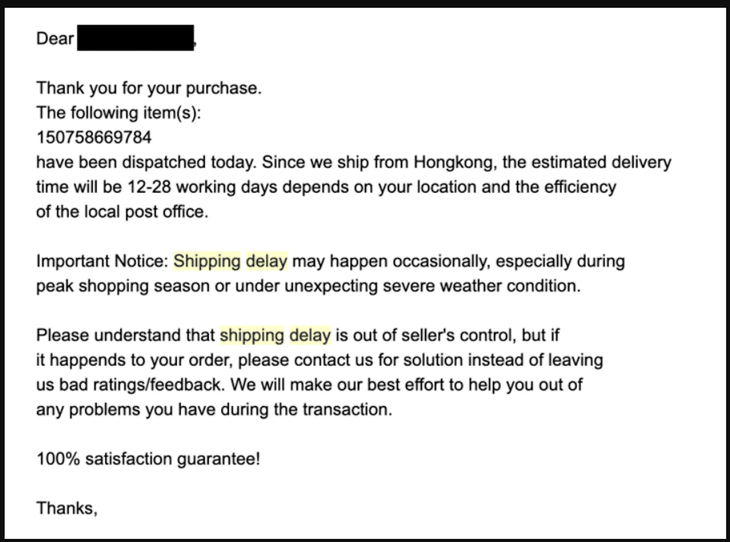 customer service response example shipping delay