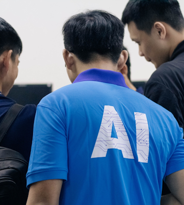Man in blue tshirt representing AI 