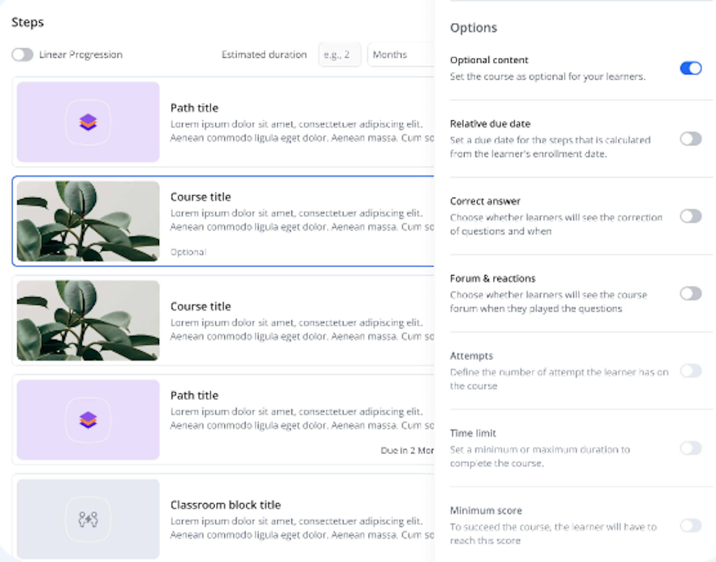 An illustration of the 360Learning platform showing different course options in paths