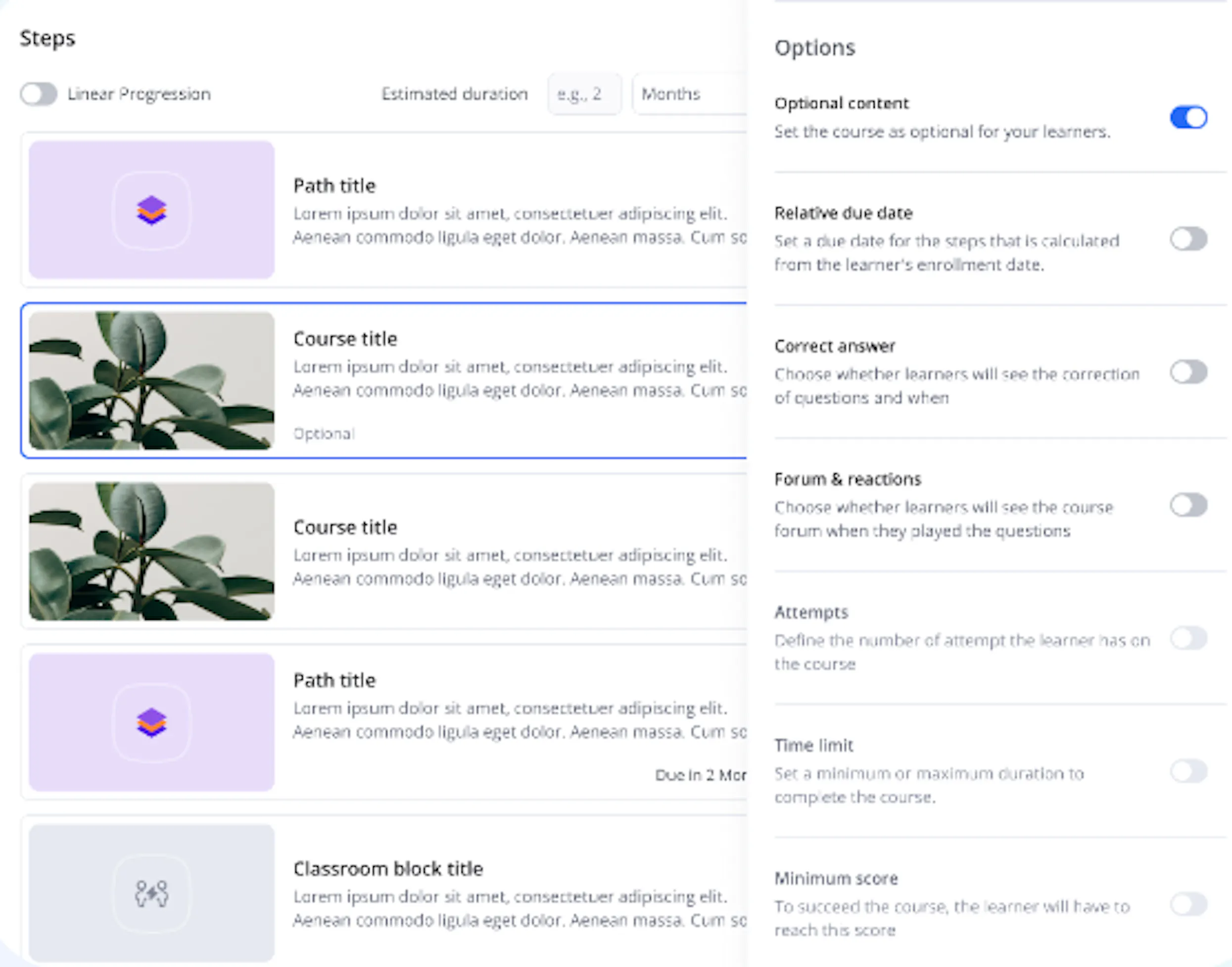 An illustration of the 360Learning platform showing different course options in paths