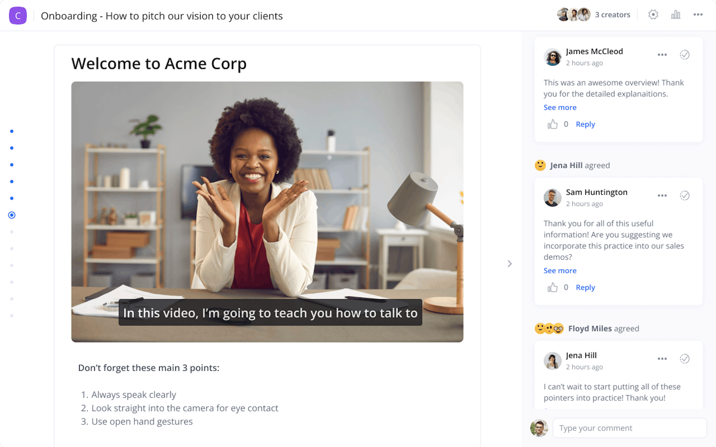 Screenshot of 360Learning’s platform showing video training with closed captions
