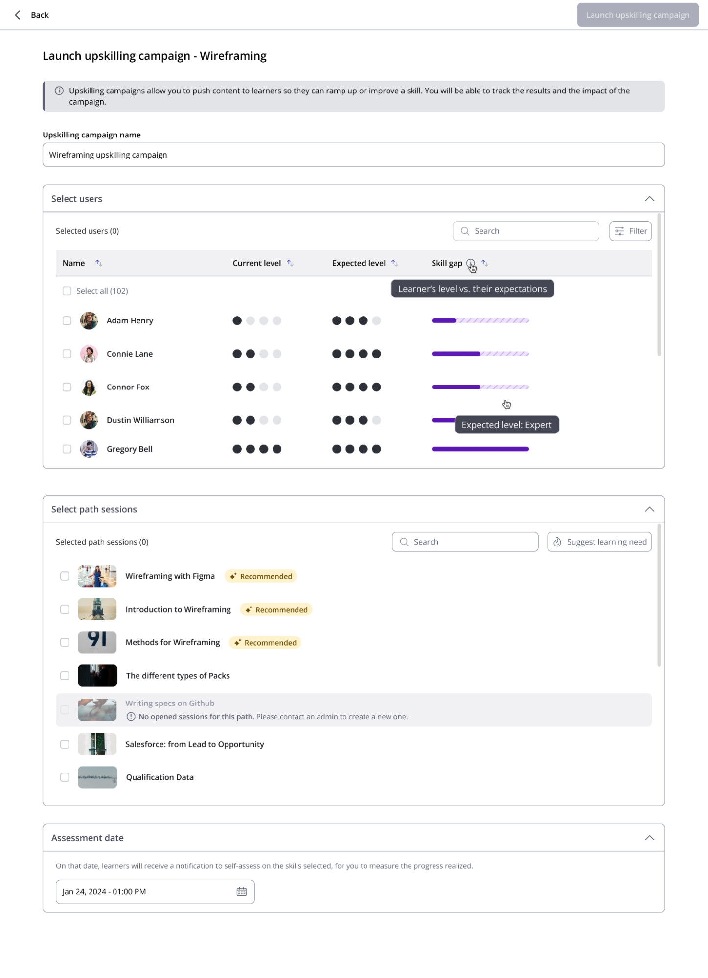 360Learning's upskilling campaigns dashboard showing visuals of skill gaps