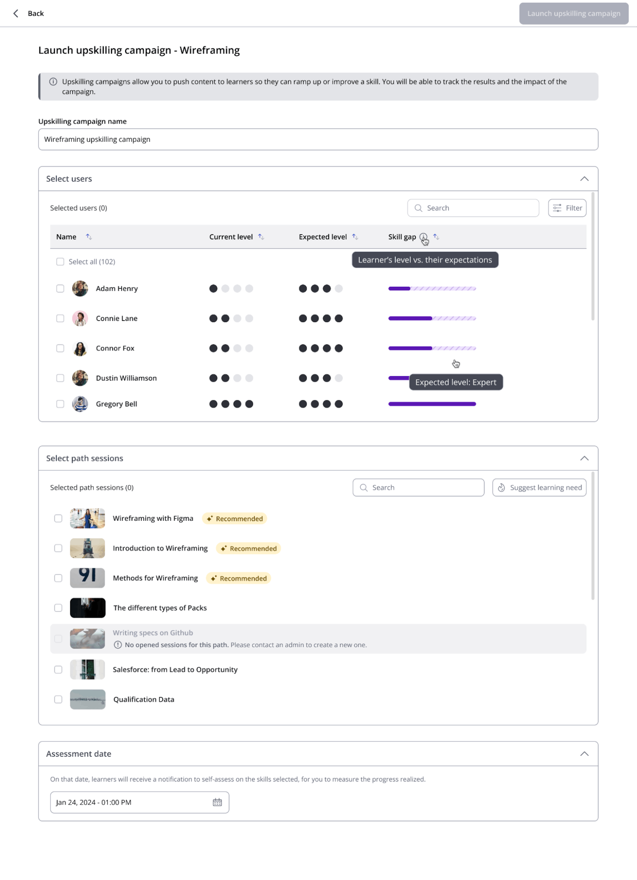 360Learning's upskilling campaigns dashboard showing visuals of skill gaps