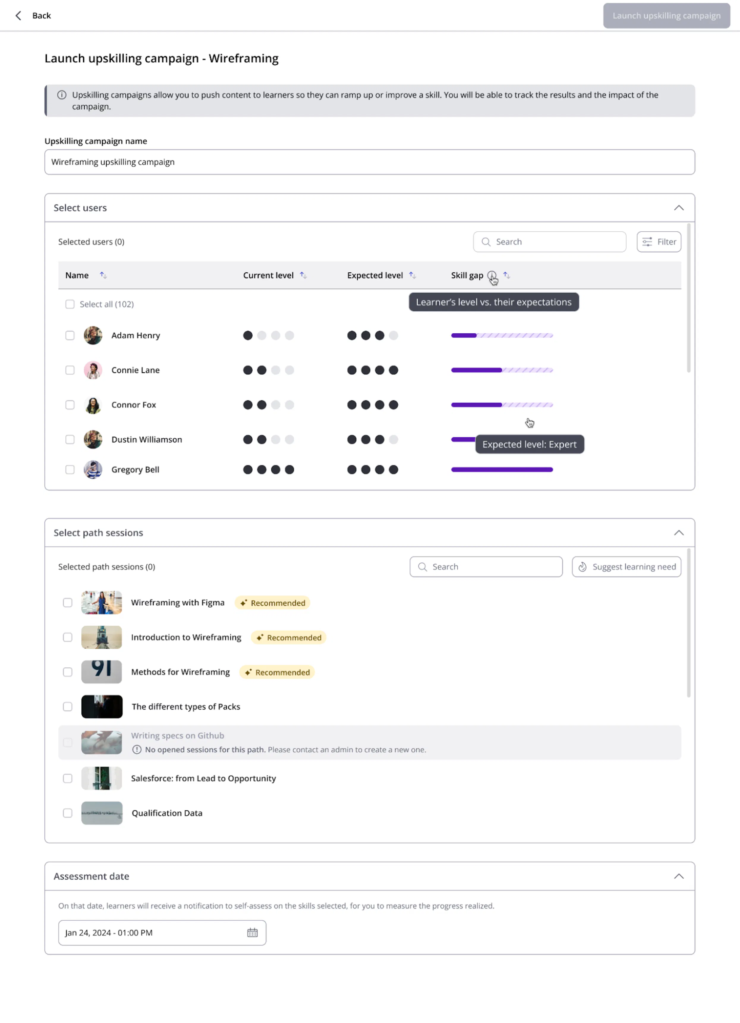 360Learning's upskilling campaigns dashboard showing visuals of skill gaps