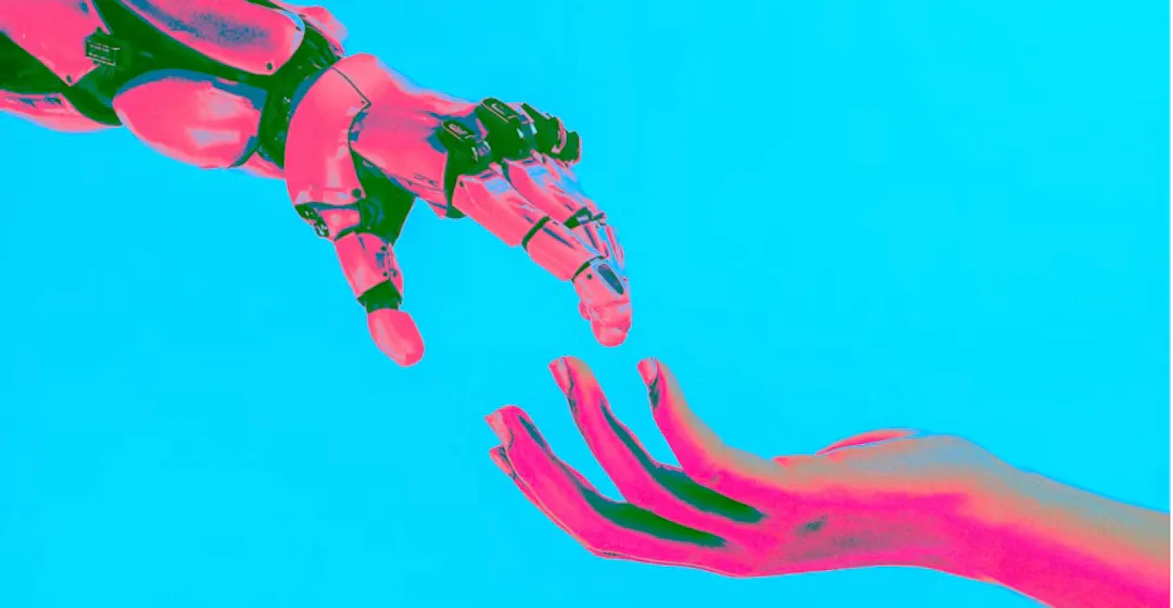 Robot and human hands representing AI in training