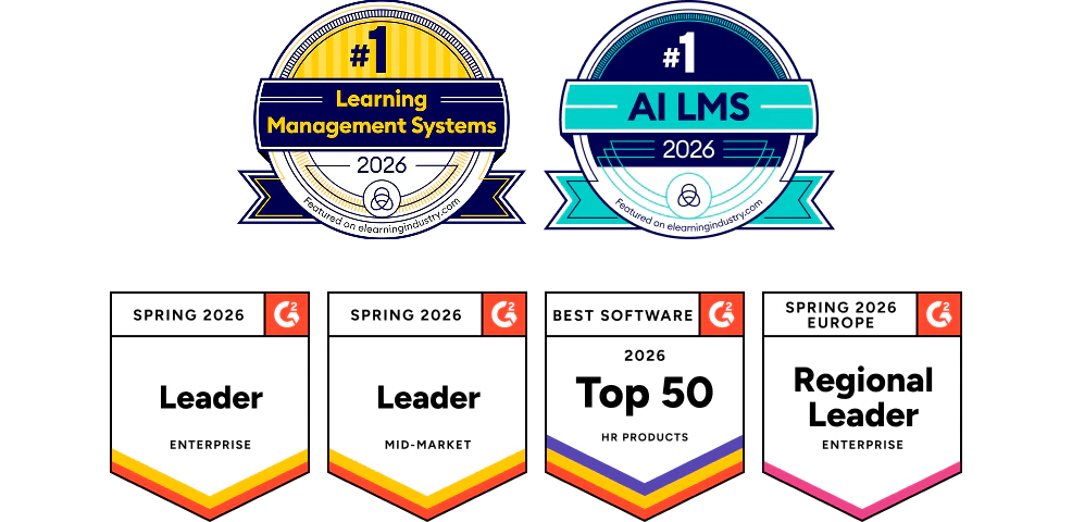 G2 and eLearning Industry badges awarded to 360Learning in 2026 including #1 LMS and #1 AI LMS