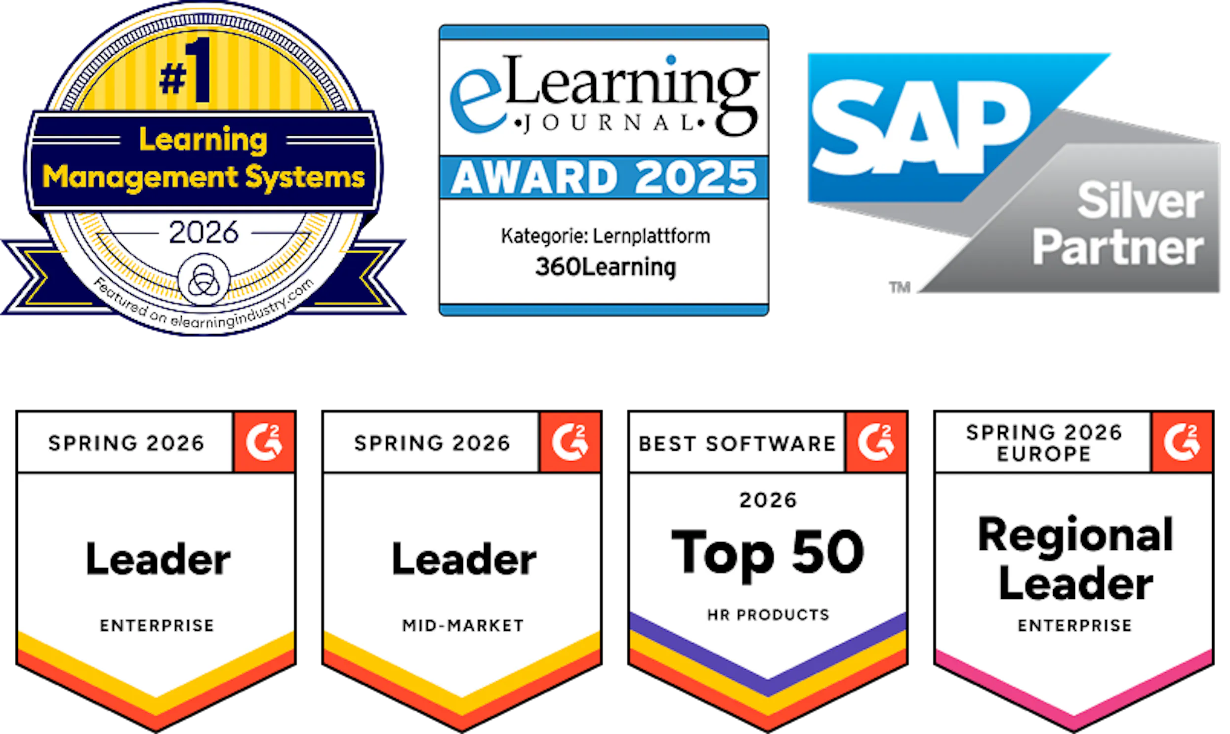 G2 and eLearning Industry badges awarded to 360Learning in 2026 including #1 LMS. eLearning Award 2025 for Lernplattform and SAP silver Partner badge