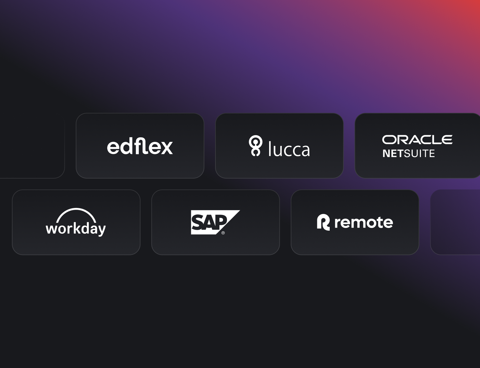 Exemples d'intégrations disponibles HCM/HRIS et incluant Edflex, Lucca, Oracle, Workday, SAP et Remote