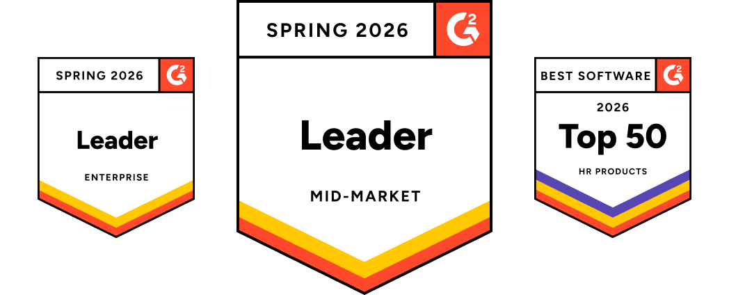 G2 awarded badges for Enterprise and Mid-market leadership as well as top 50 HR products