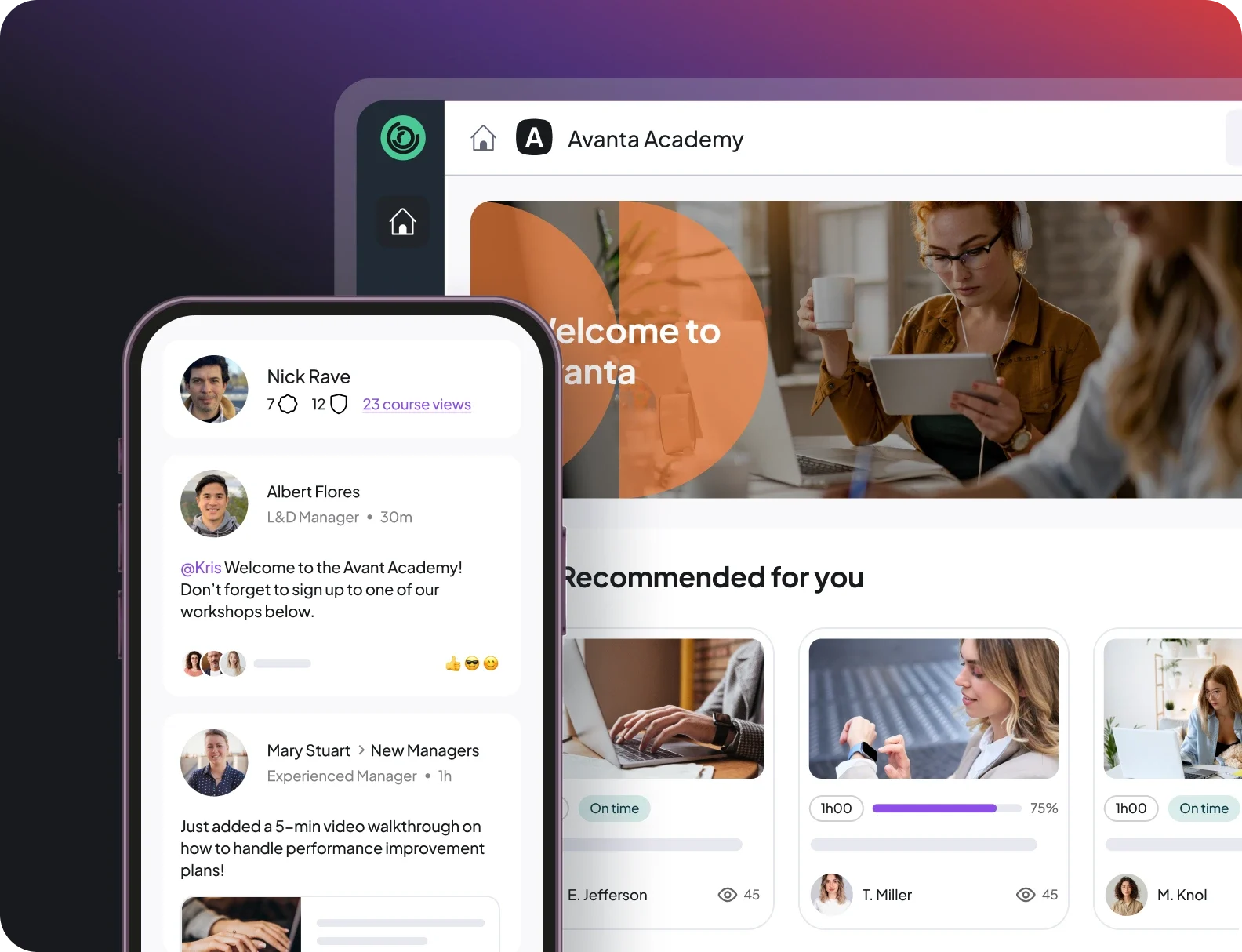 Learner hub on desktop and newsfeed on mobile