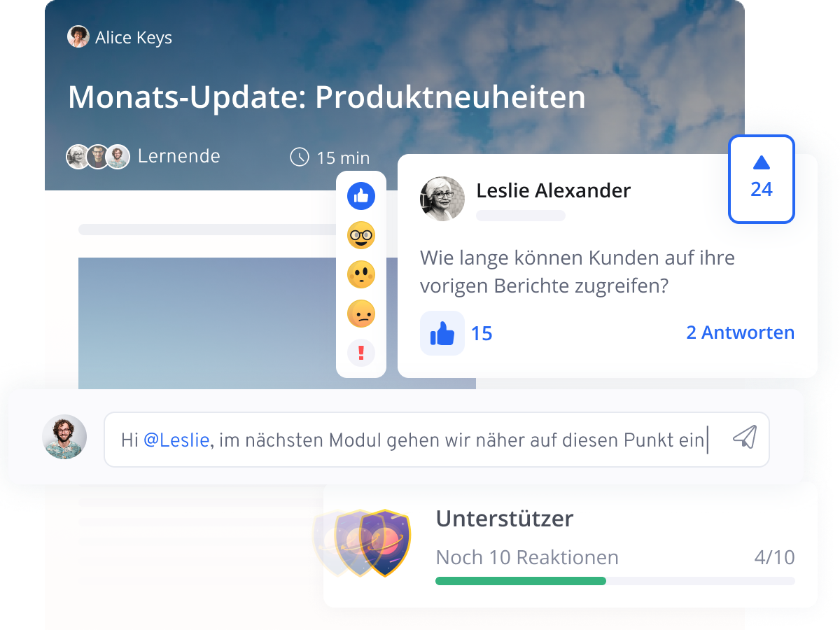 Lernende geben in der E-Learning-Software Rückmeldung, z.B. per Kommentar oder Emoji.