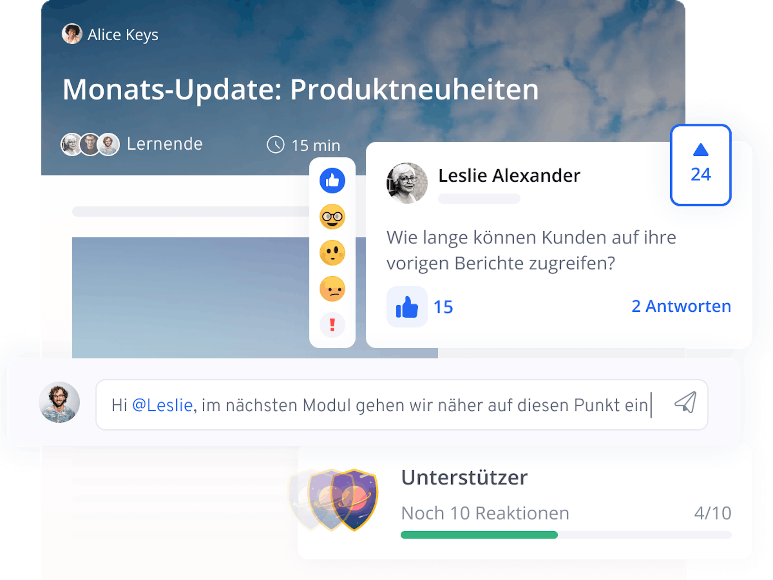 Lernende geben in der E-Learning-Software Rückmeldung, z.B. per Kommentar oder Emoji.