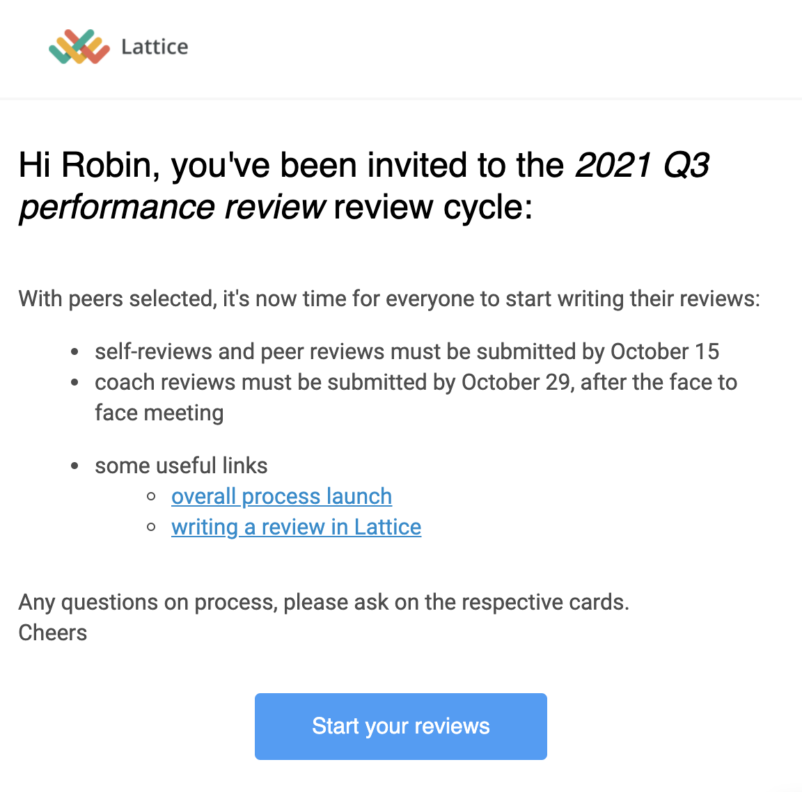 Email example for a quarterly performance review