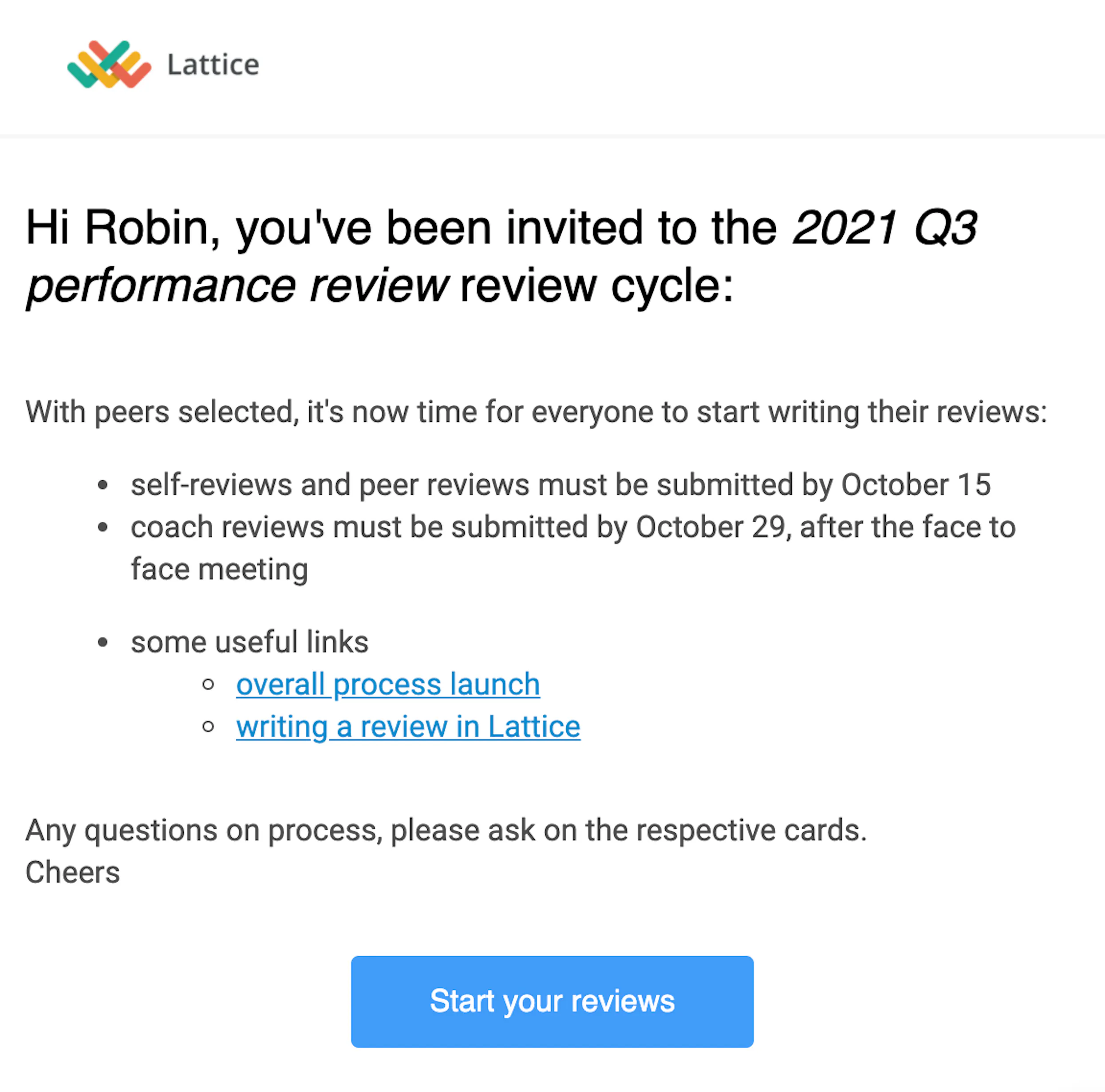 Email example for a quarterly performance review