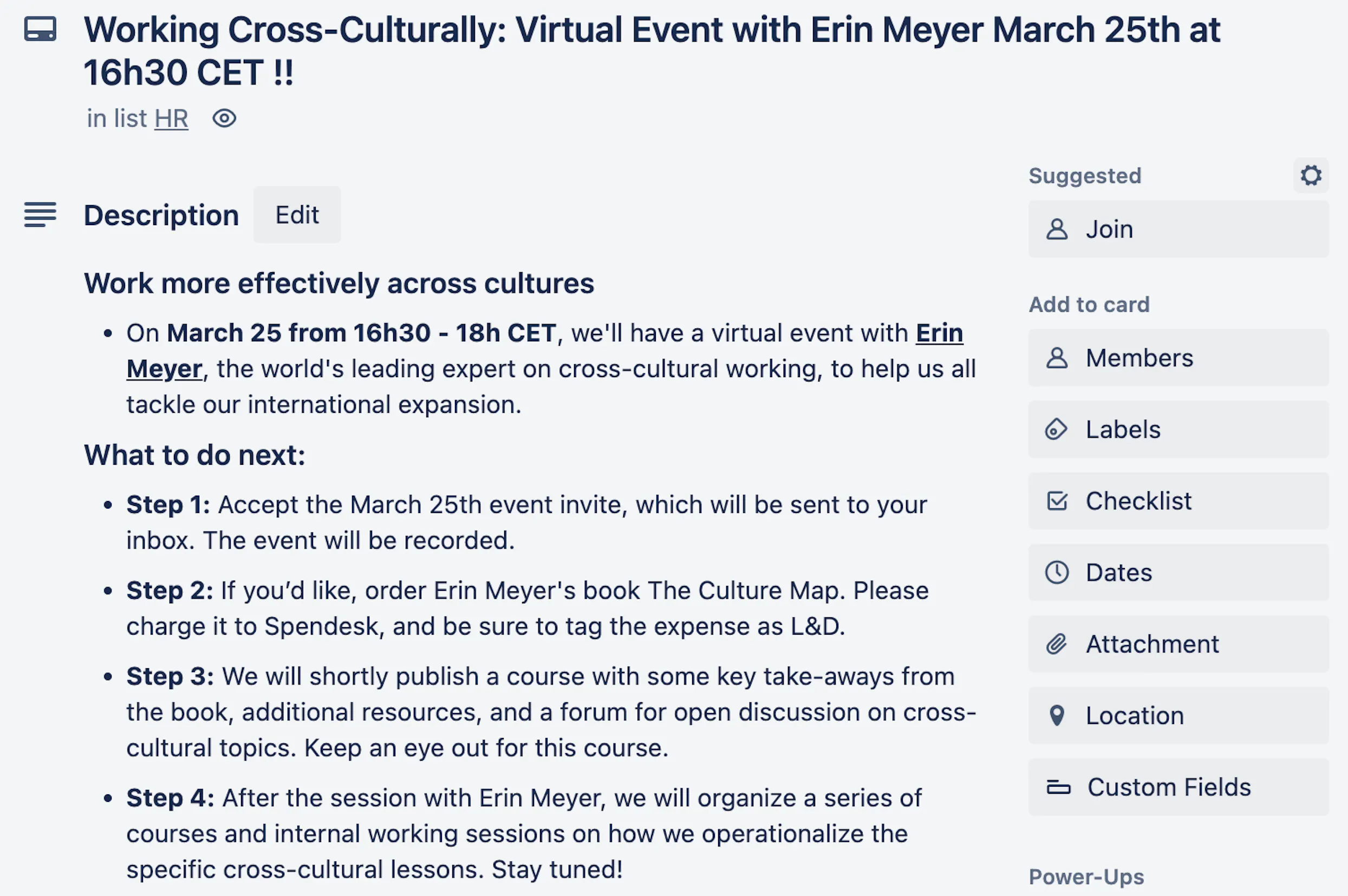 An announcement of our cross-cultural training on Trello