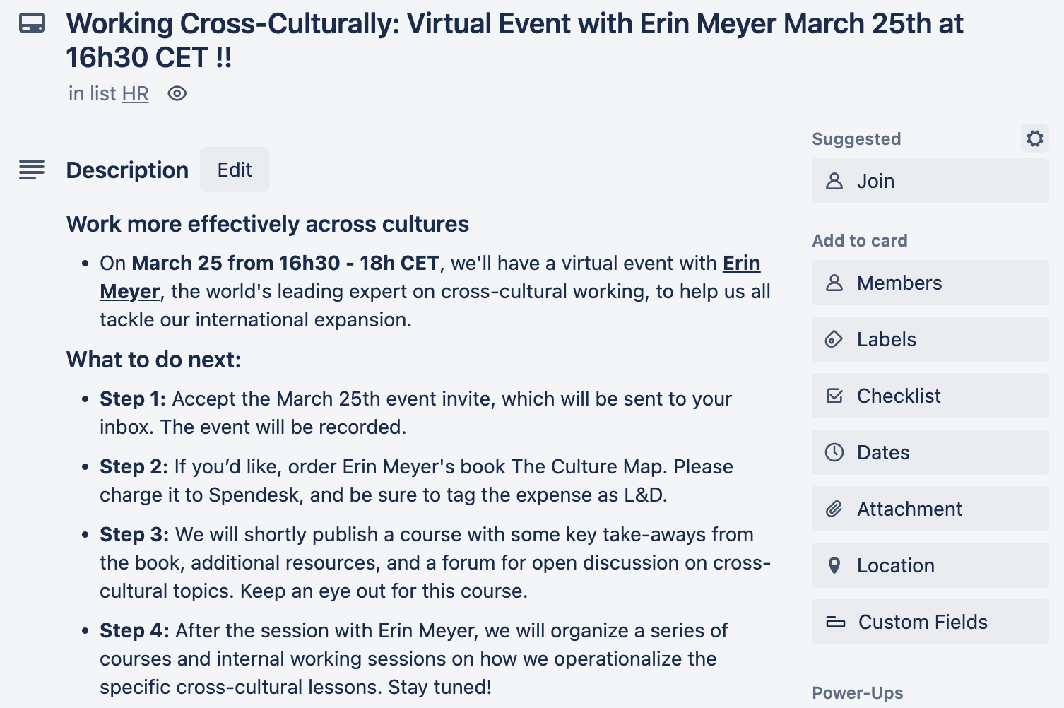 An announcement of our cross-cultural training on Trello