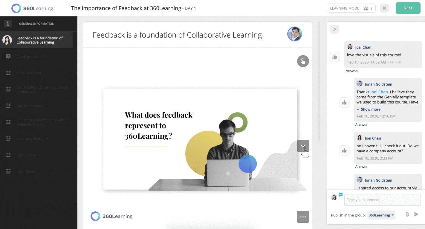 Feedback geben und Echtzeit-Reaktionen | 360Learning