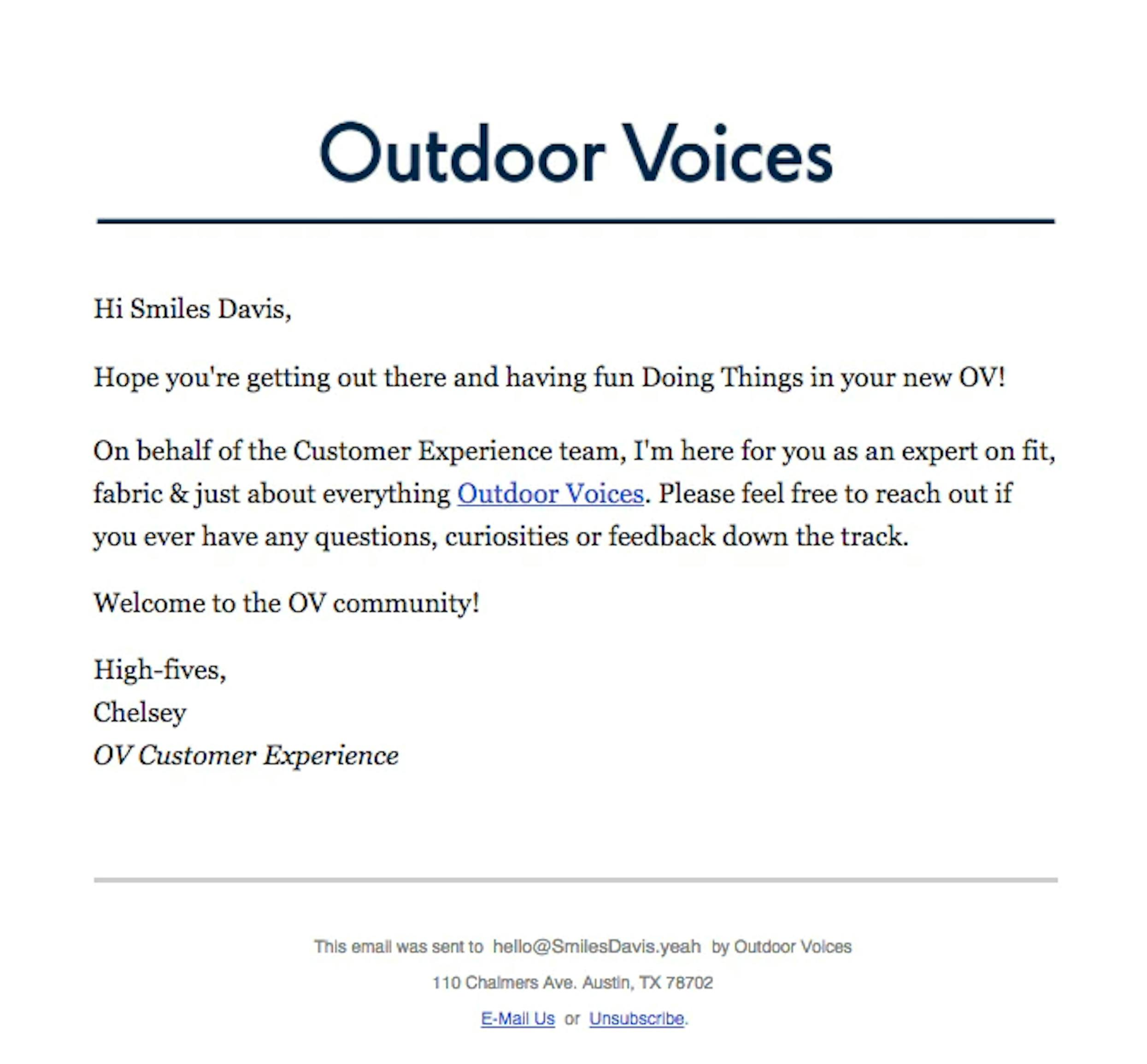 Outdoor voices proactive customer service example