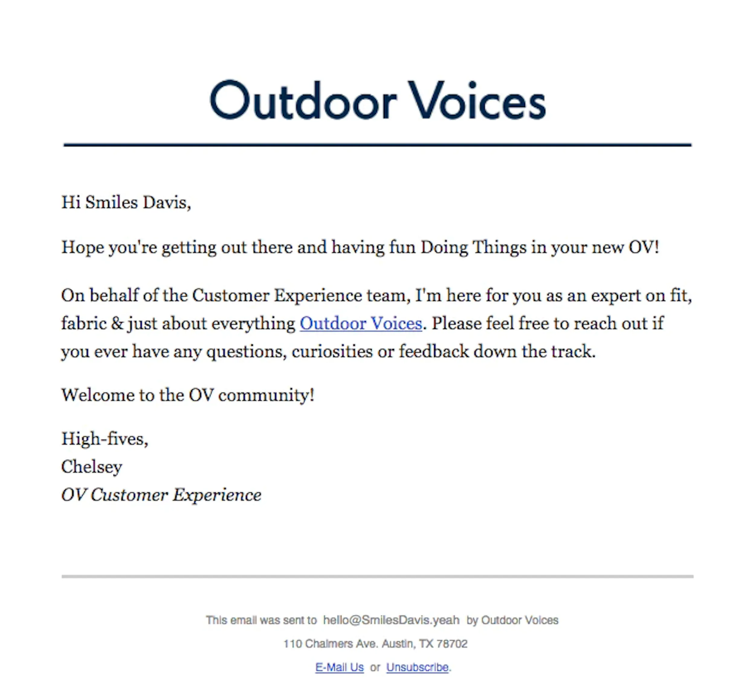 Outdoor voices proactive customer service example