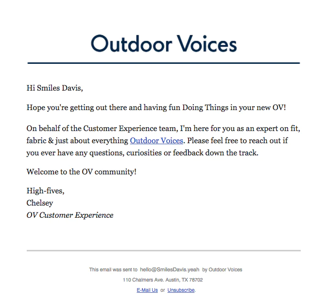 Outdoor voices proactive customer service example