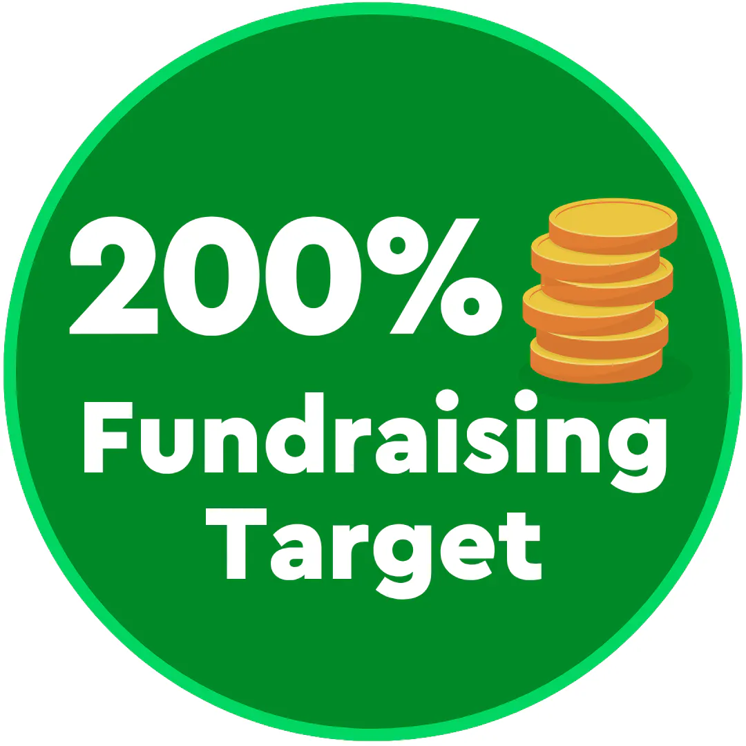 200% of fundraising target badge.