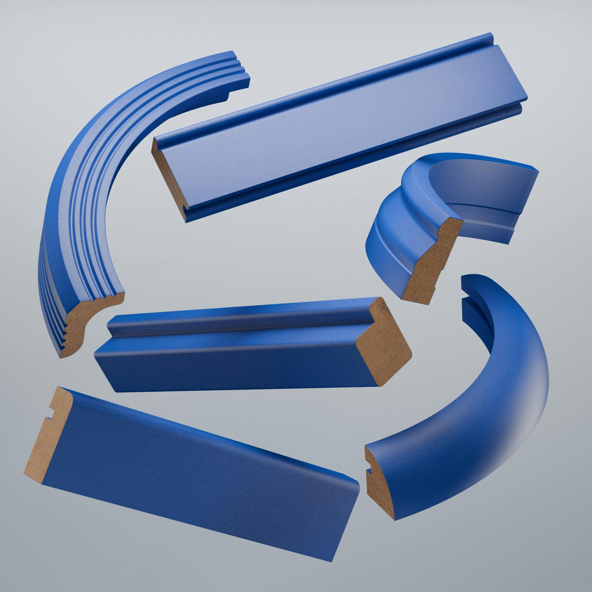 Close-up degli accessori 3b. Elementi di un colore blu brillante uniforme di diverse forme con una finitura liscia e lucida.