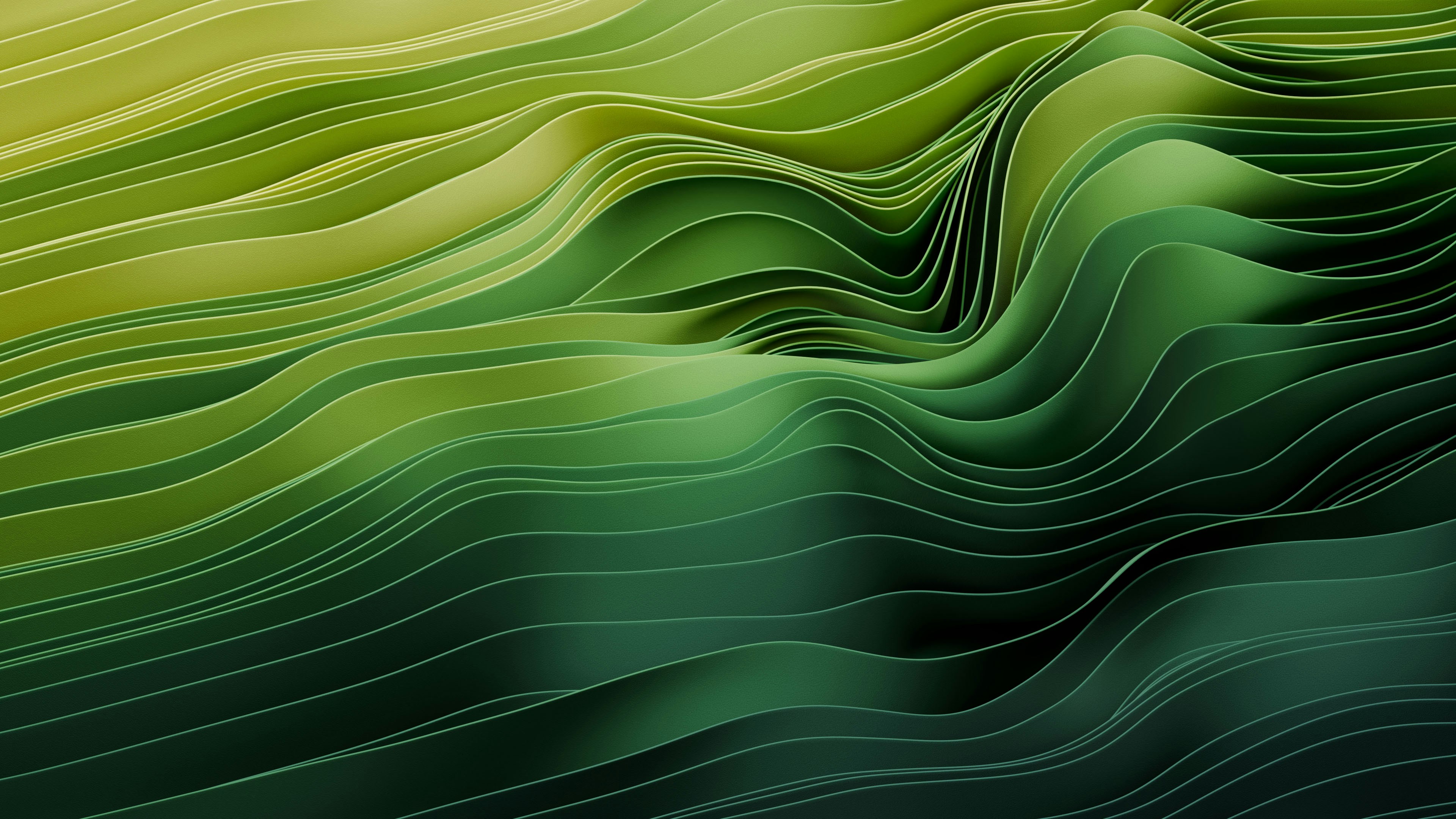 Interaction of lines and green tones creating a three-dimensional wave-like effect.