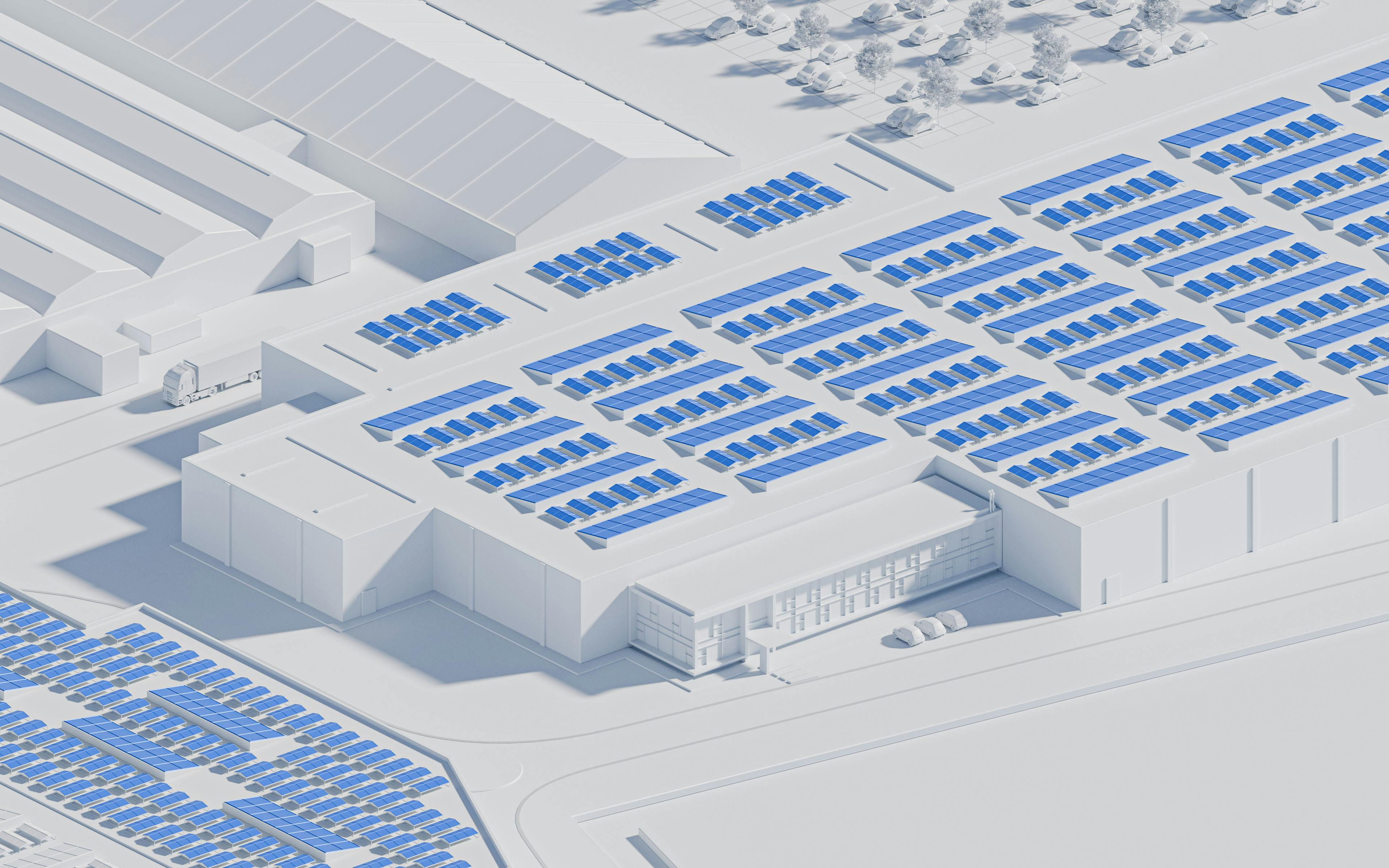 Un'illustrazione 3D mostra un complesso industriale con pannelli solari sui tetti.