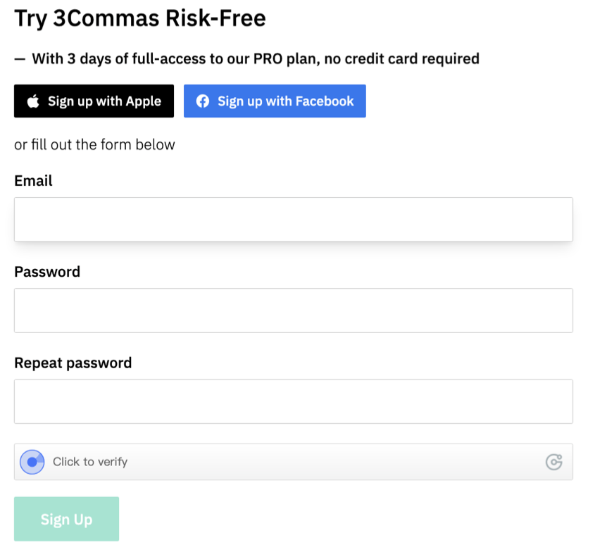 3Commas sign up page