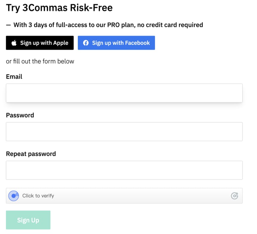 3Commas sign up page