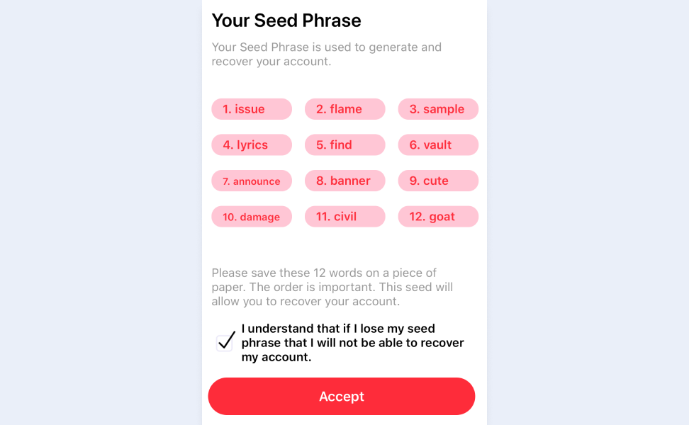 Seed phrase for a crypto wallet