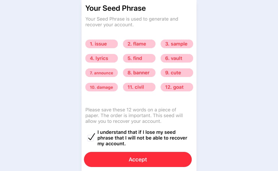 Seed phrase for a crypto wallet