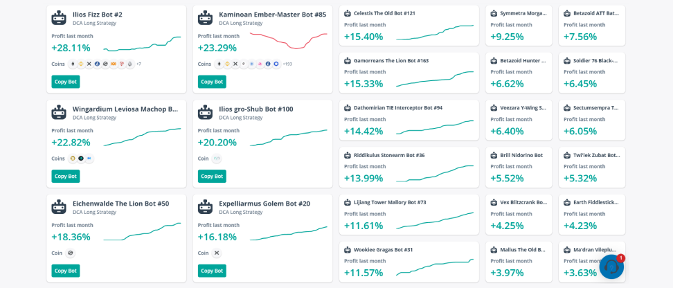 A screenshot of the 3commas bot market