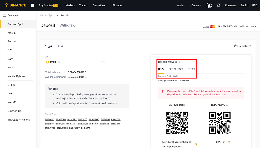 Binance: Choose deposit network