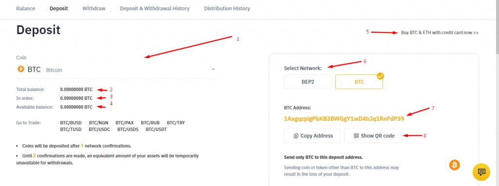 Binance - deposit your wallet with BTC