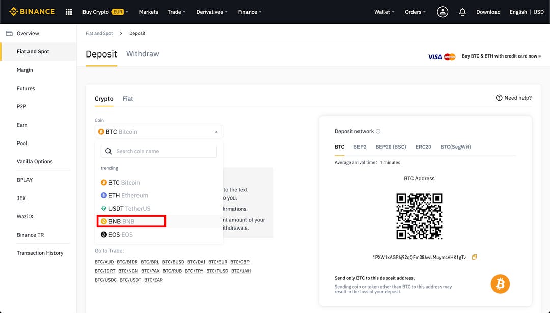 Binance: choose a currency for deposit