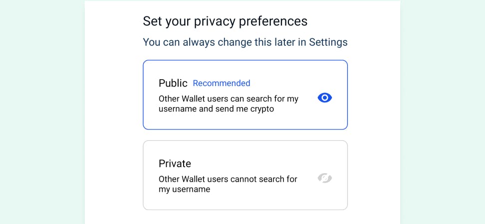 4th step – picking the privacy status of your Coinbase wallet