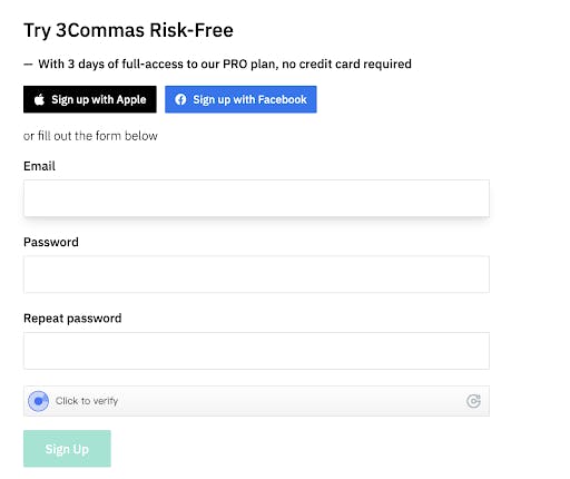  3Commas sign up page
