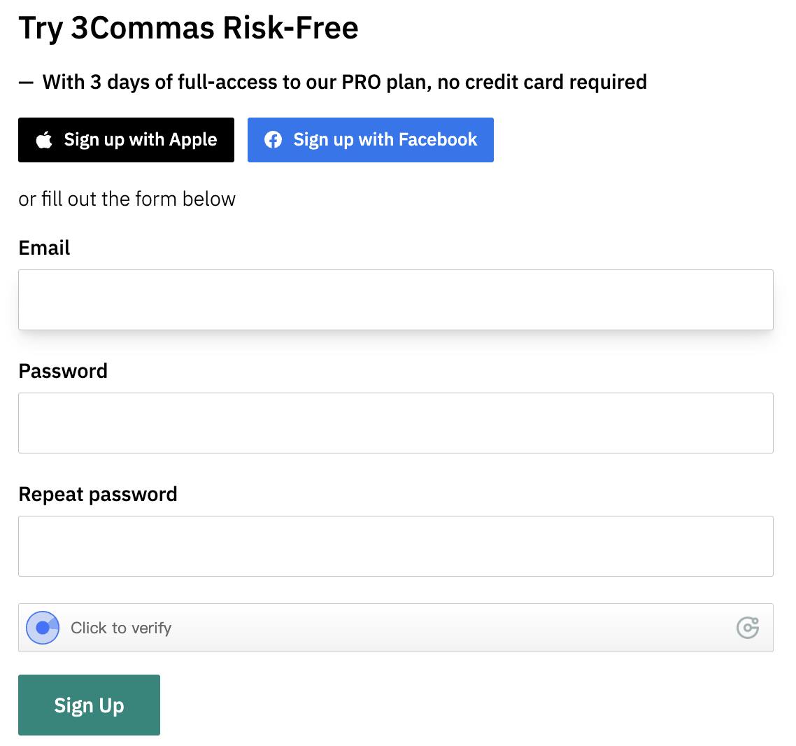 3Commas sign-up page