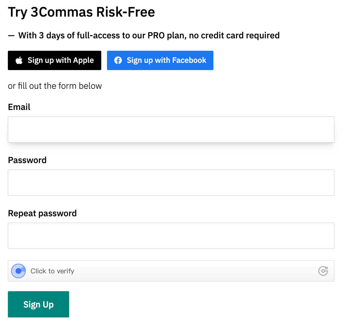 3Commas sign-up page