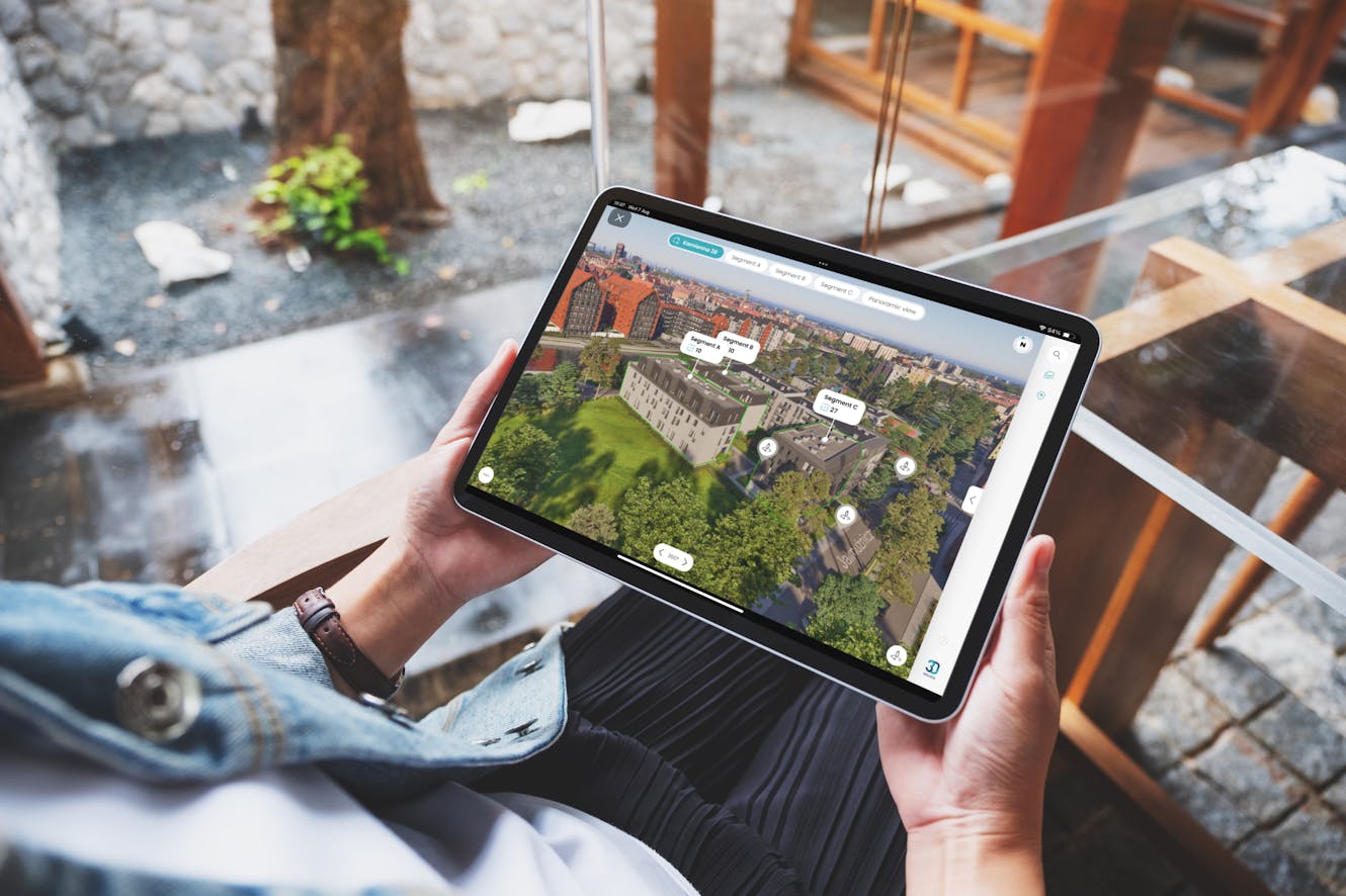 3D renders CGI buildings on tablet