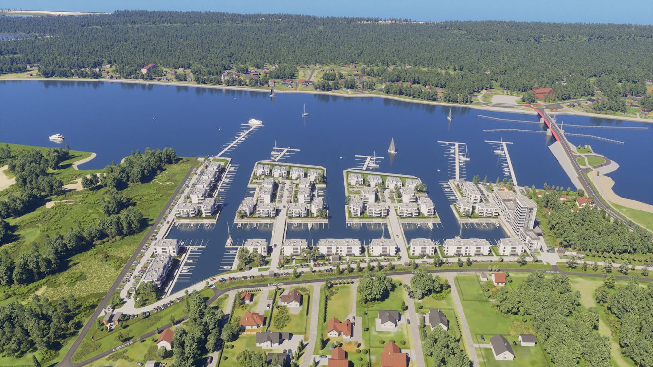 Architectural 3D rendering showing intimate-scale waterfront buildings integrated with natural surroundings