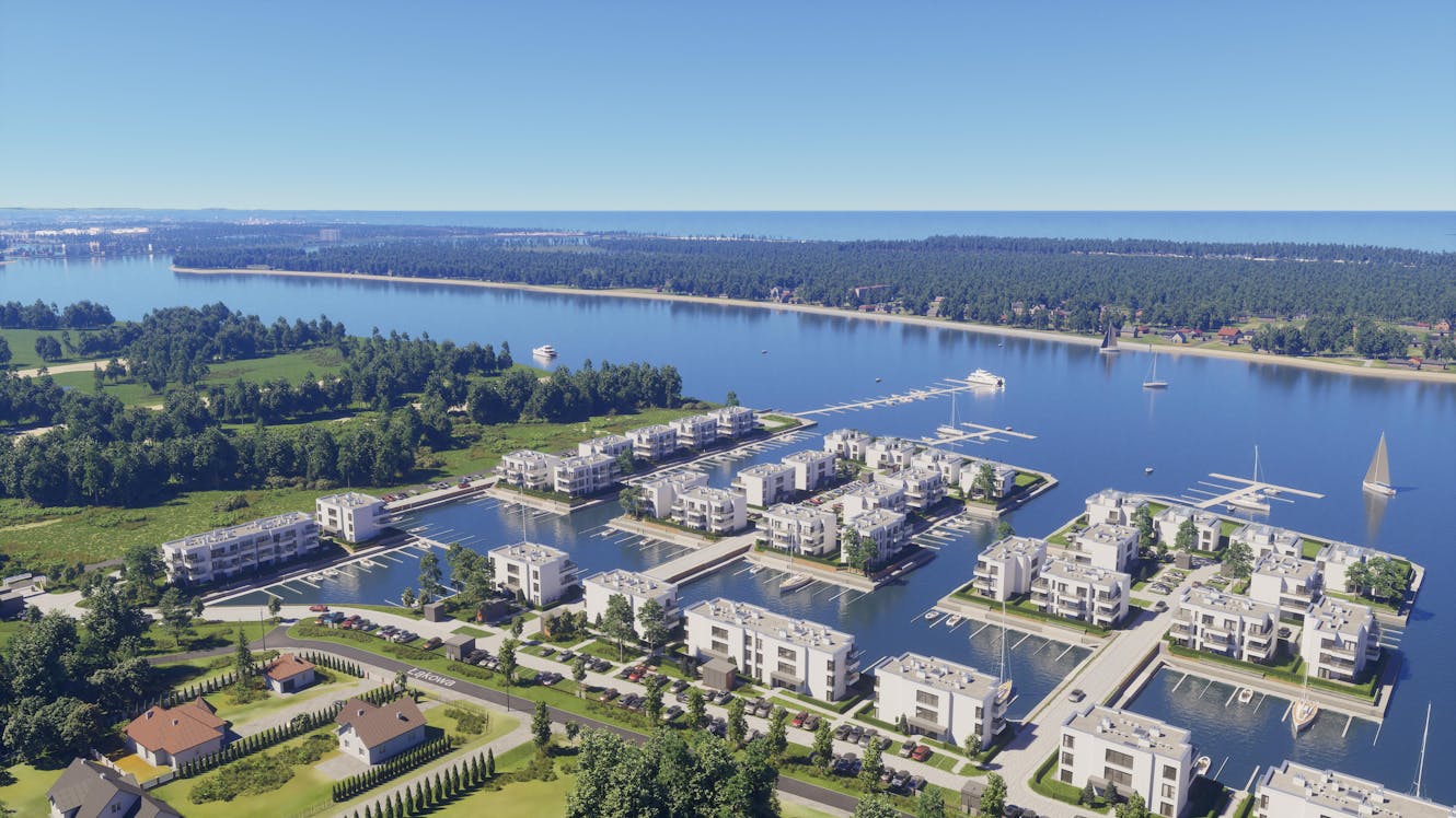 Interactive 3D model presenting apartment views and water access in luxury marina developmen